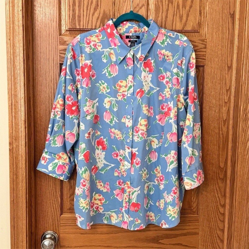 Chaps Button-Up Shirt Womens 3X Blue Floral Collared 3/4 Roll Tab Sleeves
